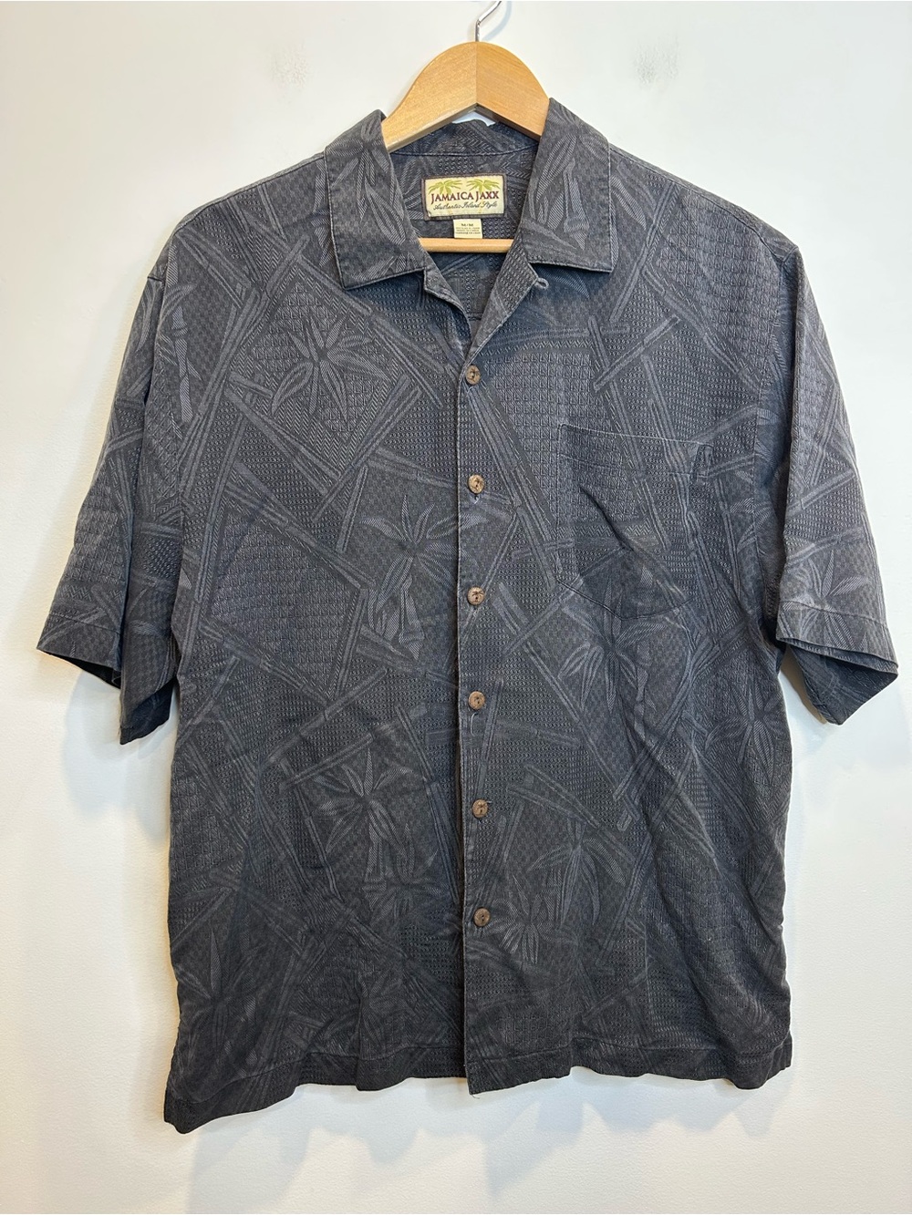 Jamaica Jaxx charcoal gray tropical palm tree pattern silk camp shirt